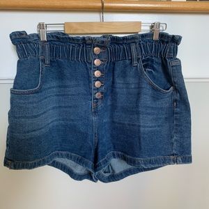 High Rise Button Front Paperbag Jean Shorts